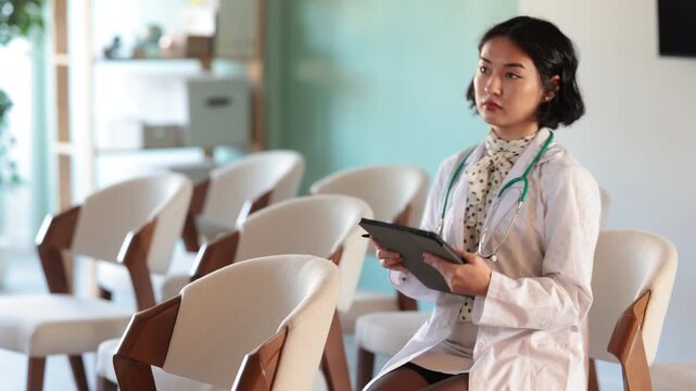 Female doctor, nurse or student sits in classroom, listening toa lecture and taking notes on electronic tablet. High quality 4k footage