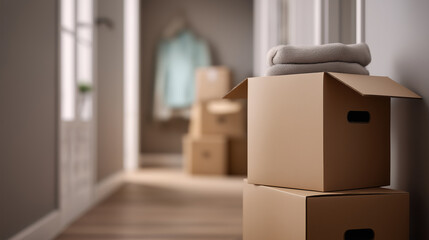 Cardboard moving boxes stacked in the hallway of an empty apartment, symbolizing relocation, packing belongings, and the transition to a new house, copy space