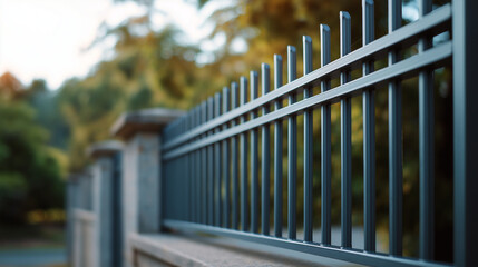 Modern black metal fence standing on a stone wall, forming a barrier and symbolizing protection, privacy, and property demarcation in an outdoor setting