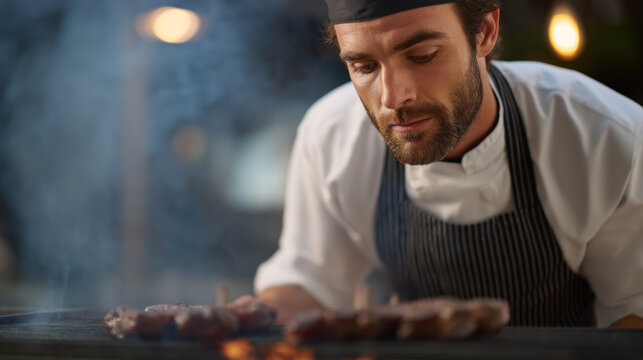 Chef man precisely grilling and cooking succulent beef steaks over flaming grill, creating delicious restaurant quality food with expertise and passion, copy space
