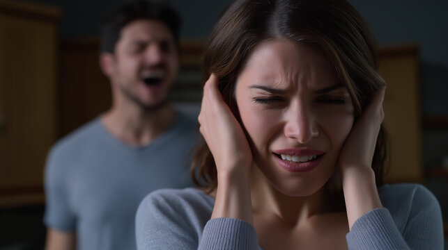Woman covering ears, avoiding a shouting man in background, depicting domestic violence, relationship problems, and emotional abuse, showing distress and conflict