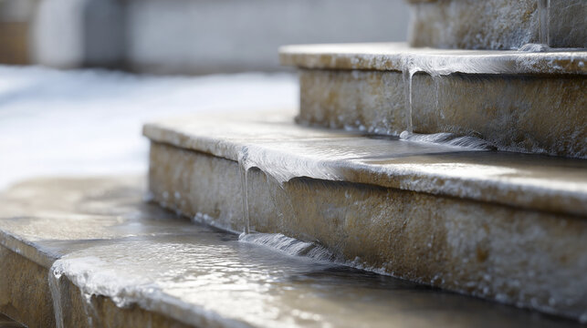 Frozen stone steps with ice forming on their surface and icicles dripping, creating a slippery and cold winter hazard outdoors, copy space