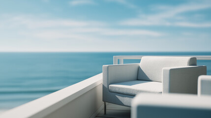 Obraz premium Outdoor armchairs on a contemporary luxury terrace overlooking the vast ocean, creating a peaceful and inviting setting for unwinding and experiencing coastal serenity, copy space