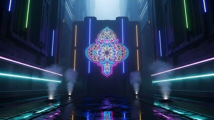 Futuristic Neon Club Interior with Digital Mandala Projection.