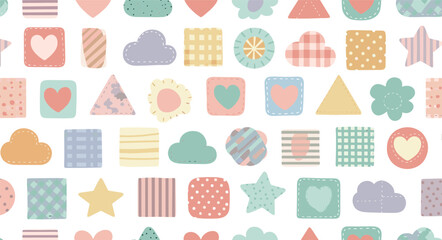 Cute pastel geometric pattern vector set with hearts, clouds, stars, circles, stripes, dots, and soft decorative scrapbook elements