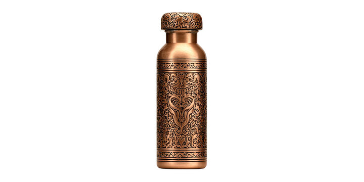 A detailed copper-colored water bottle with ornate carvings, a matching cap, set against black