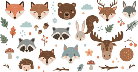 Obraz premium Cute woodland animal vector set with fox, bear, deer, raccoon, moose, hedgehog, rabbit, mushrooms, autumn leaves, and forest cartoon characters