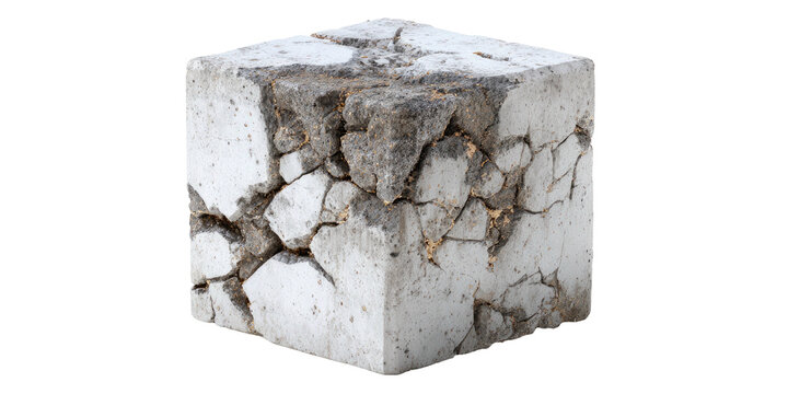 A cracked, broken cube of gray concrete sits, isolated against a plain, black background