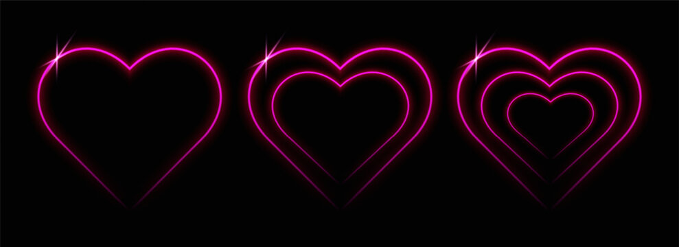 Set of pink glowing laser heart-shaped frames isolated on a black background. Abstract vector illustration.