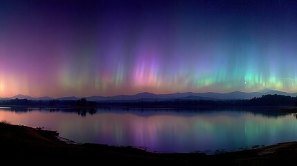Obraz premium Aurora Borealis Colors Dance Over Tranquil Lake Landscape At Night Sky
