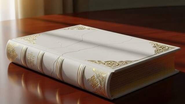 Elegant antique white book with gold embossed details lying on a polished dark wooden table with dramatic sunlight casting shadows across the cover