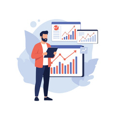 Business Analyst Surrounded by Data Charts and Graphs