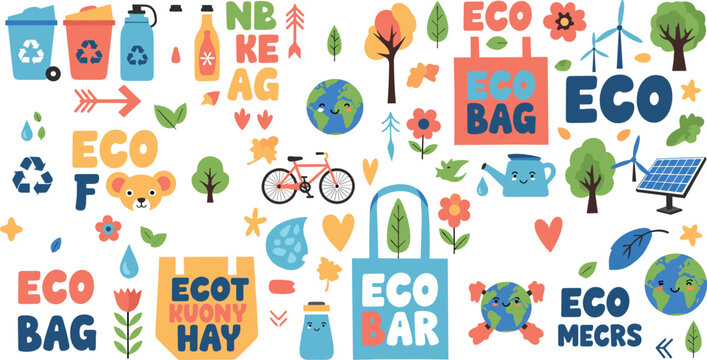 Colorful eco friendly vector set with recycling icons, eco slogans, Earth characters, green energy, reusable bags, and environmental awareness elements