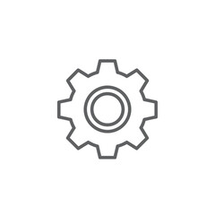 A simple line art icon representing a gear, symbolizing mechanics, engineering, and industry with a clean, minimalist design