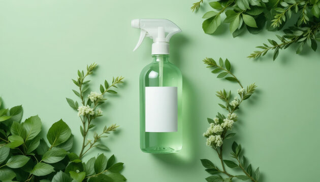 Green cleaning spray bottle with blank label surrounded by leaves on soft surface