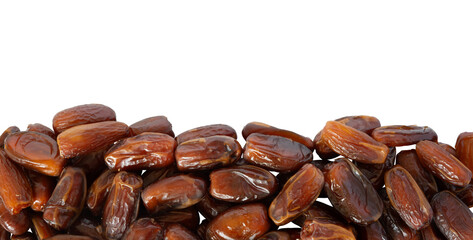 dates palm fruit closeup on white. ramadan fruit border background