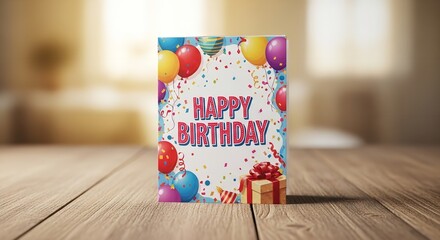A colorful birthday card with balloons and confetti on a wooden table
