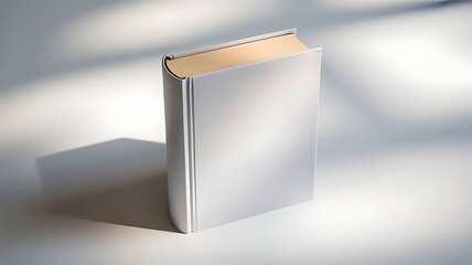 Blank white book standing on a light surface with shadows.