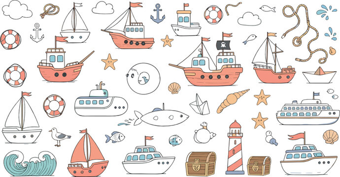 Cute nautical vector set with boats, ships, anchors, lifebuoys, lighthouse, waves, sea creatures, treasure chests, and playful ocean cartoon elements