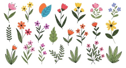 Obraz premium A colorful illustration of various flowers and leaves on a white background