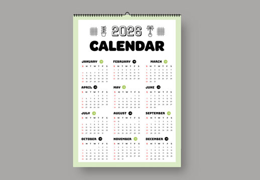 Minimal Yearly 2026 Wall Calendar Calendar Template Design
