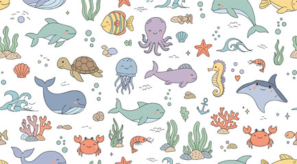 Obraz premium Cute under the sea vector set with whales, dolphins, sharks, octopus, turtle, crab, coral, and adorable pastel ocean animals
