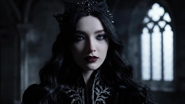 Portrait of a beautiful gothic queen wearing a black crown and dark dress in an ancient castle. Dark fantasy vampire woman with pale skin and mysterious look near a window.