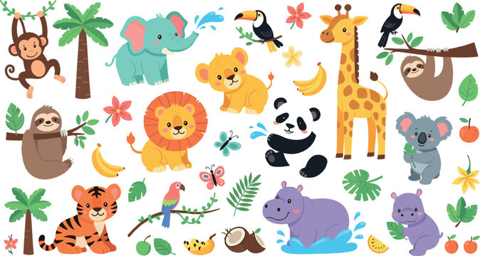 Cute jungle animals vector set with lion, elephant, giraffe, panda, tiger, sloth, toucan, hippo, and playful cartoon wildlife characters