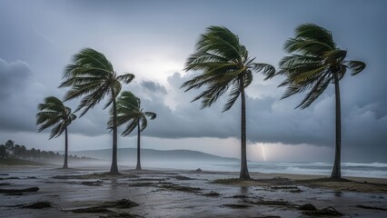 Obraz premium Dramatic tropical storm scene with swaying palm trees and lightning over ocean coastline
