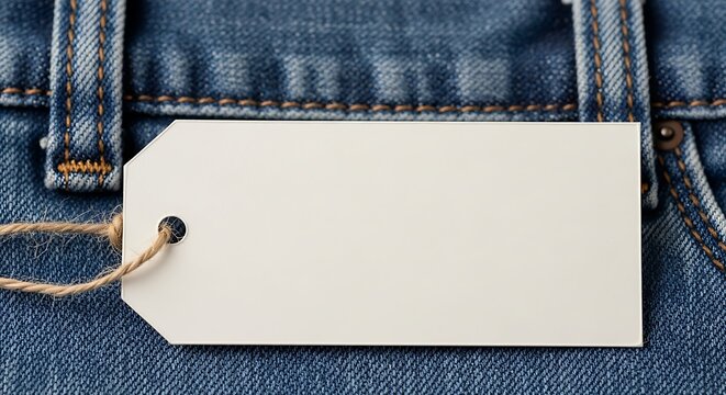 Blank White Price Tag Attached to Blue Denim Jeans Fabric.