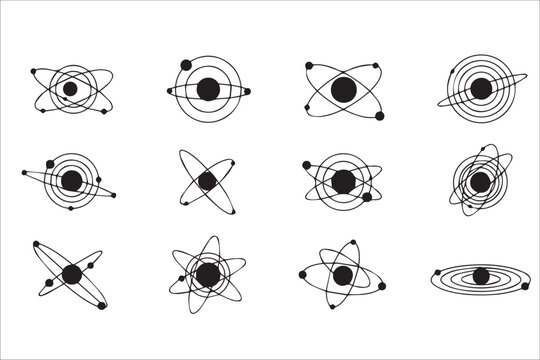 Set of Atom Symbols and Solar System Orbit Icons for Science, Physics and Space Technology Design