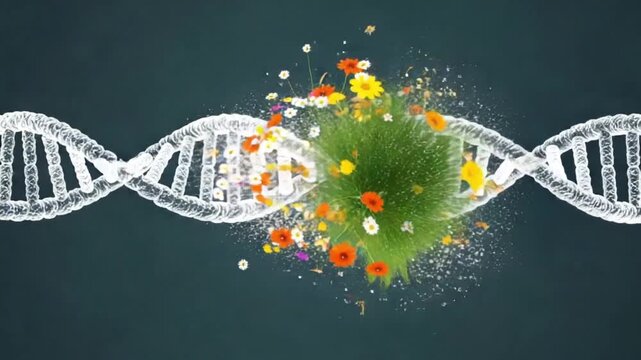 Dna double helix with flowers on green background