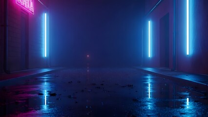 Neon Night Alley Bathes in Blue Light and Rain.