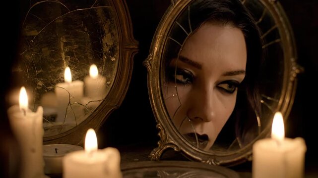 Close-up reflection of a gothic woman's eye in a vintage cracked mirror surrounded by burning candles. Mysterious dark atmosphere with occult symbolism and spooky halloween concept.