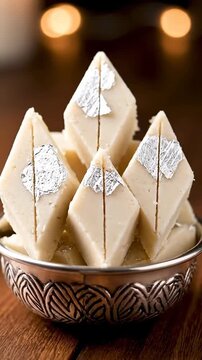 Delicious Indian sweets Kaju Katli with silver leaf garnish in a bowl