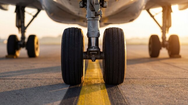 Close-up of airplane landing gear on runway during sunset