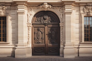 Naklejka premium Elaborate carved wooden door set within an ornate stone archway of a classical european building