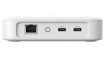 Modern White Network Attached Storage Device with USB Ports and Ethernet Connection.