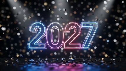 Neon glowing 2027 new year celebration with vibrant light effects and sparkling confetti background high quality