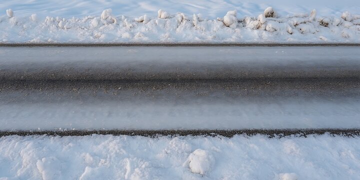 Snow-covered road surface with ice layers, winter landscape providing a textured background for travel-related layouts.Closeup view
