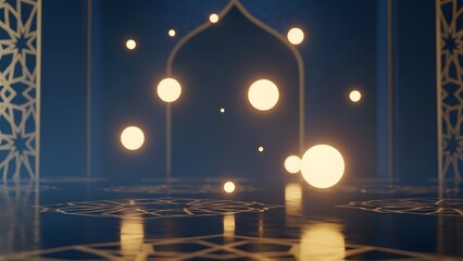 Tranquil Blue Temple Interior with Floating Orbs.