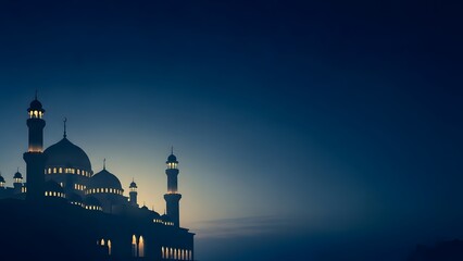 Twilight Mosque Silhouette Over Blue Night Sky.