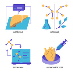 Innovative medicine techniques flat icon set. Digital twin, organoid for tests, bioprinting and biosimilar symbols. Vector illustration.
