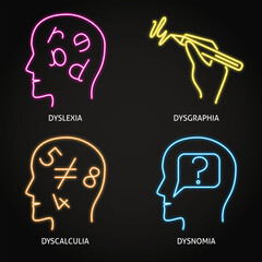 Neurodiversity symbols neon icon set. Dyslexia, dysgraphia, dyscalculia, dysnomia. Vector illustration