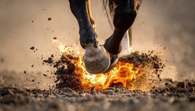 Close-up of horse hooves kicking up dirt and fire.