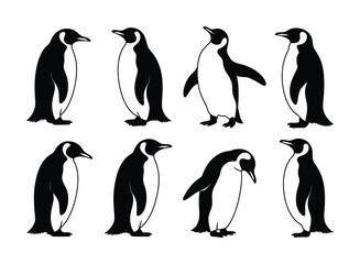 Collection of Eight Stylized Penguin Silhouettes in Various Poses Vector illustration © pixelVista