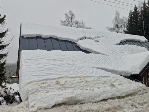 Snow on metal roof can easily slide off and cause damage injury. smooth, sloping surface metal roof combined with melting snow increases  risk of uncontrolled avalanches. install snow guards or remove