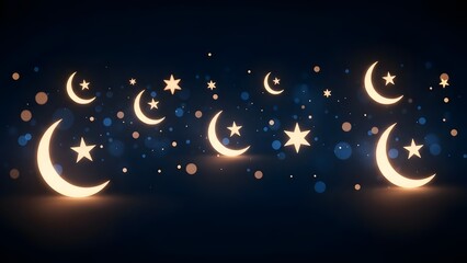 Whimsical night sky with crescent moons and stars.