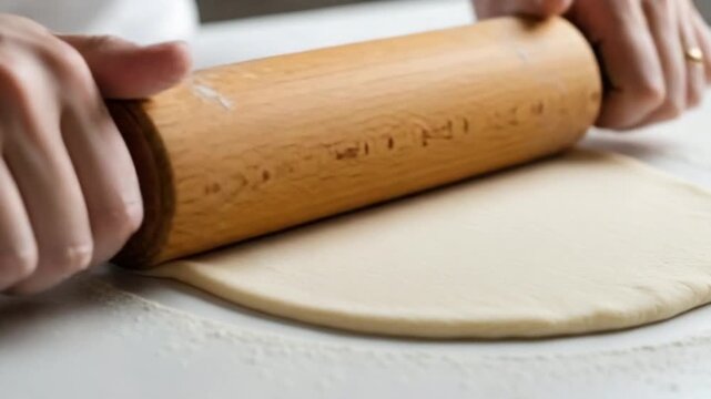 A person rolling out dough with a wooden rolling pin on a floured surface for baking
