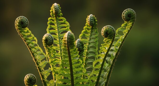 Bright Green Fern Fiddleheads Unfurling in Sunlight, a close-up macro view symbolizing renewal, growth, and natural vitality in a lush forest environment.